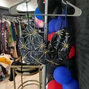 Zara Navy and Gold Patterned Crop Top